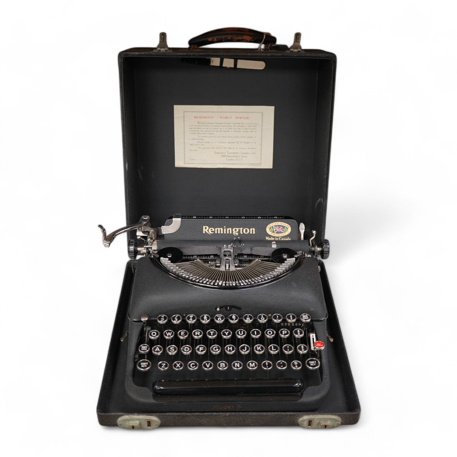 A cased Remington Model 5 portable typewriter. Condition - good.